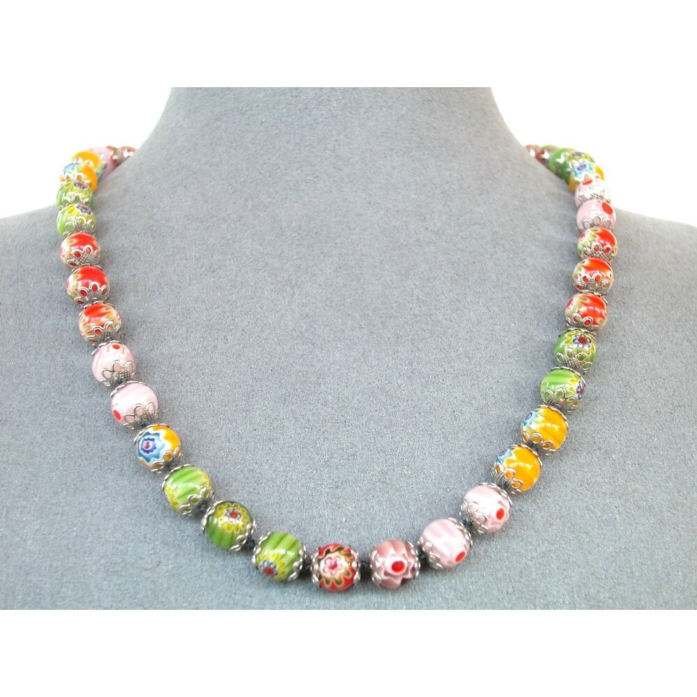 Millefiori Glass Bead Necklace 16" With Silver Tone Clasp & Floral Design